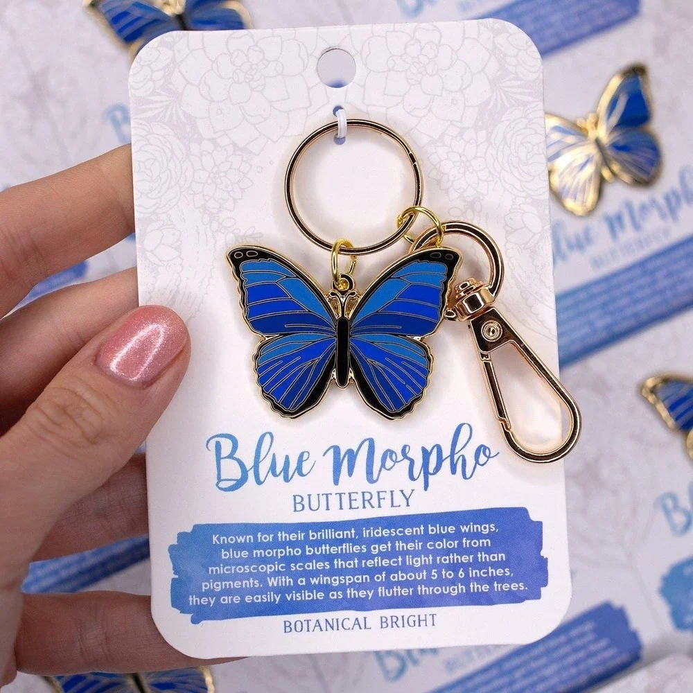Blue Morpho Butterfly Enamel Keychain with Key Clip - Gold Plated Accessory‎